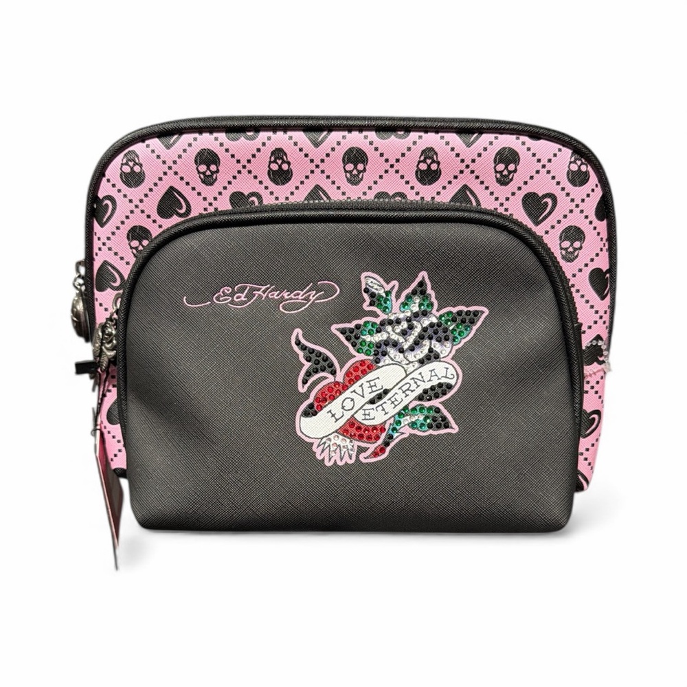 Ed Hardy Black and Pink Love Eternal 2 Piece Cosmetic Bag Set